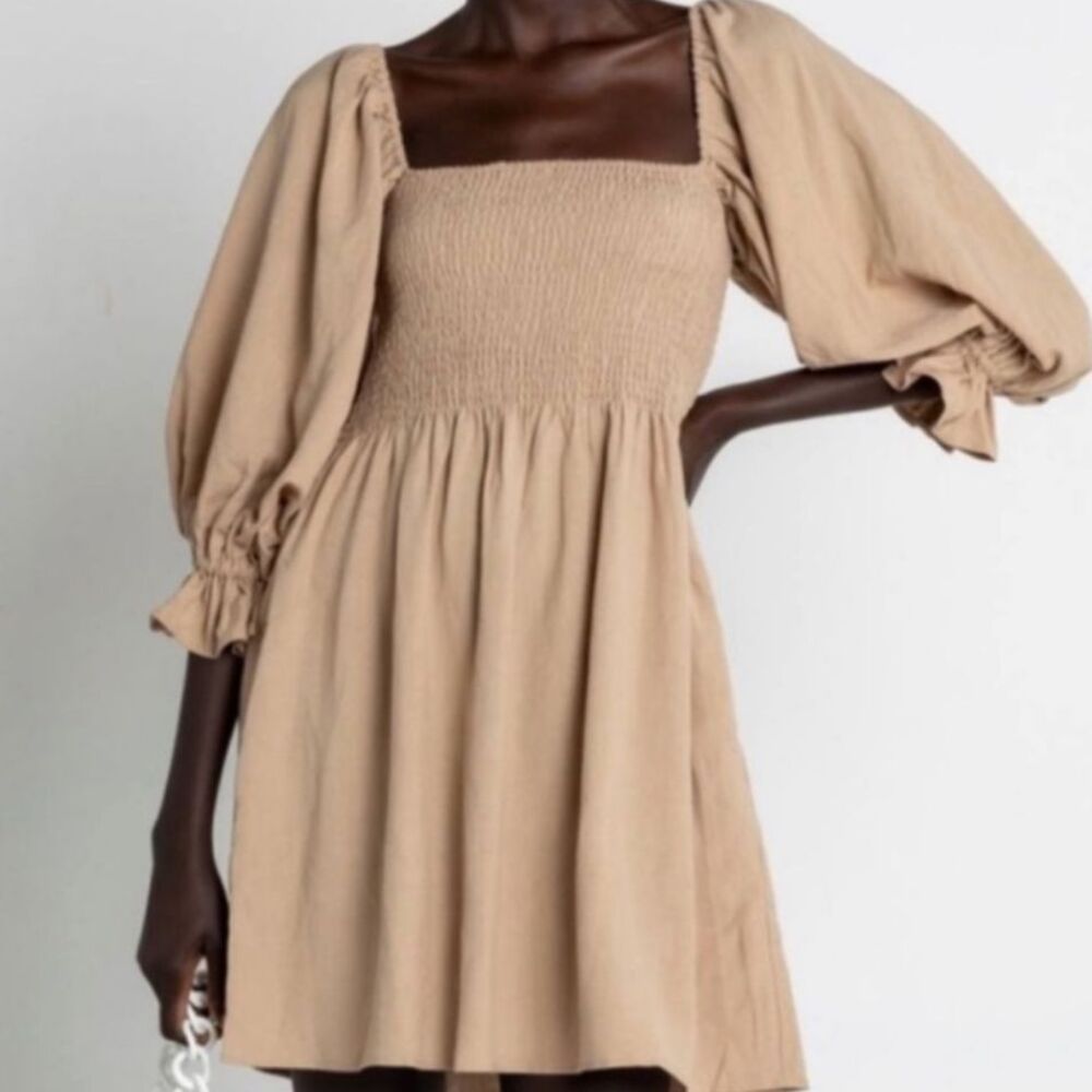 Anthropologie x Kourt Portia Smocked Linen Dress M Milkmaid Cottagecore Coquette